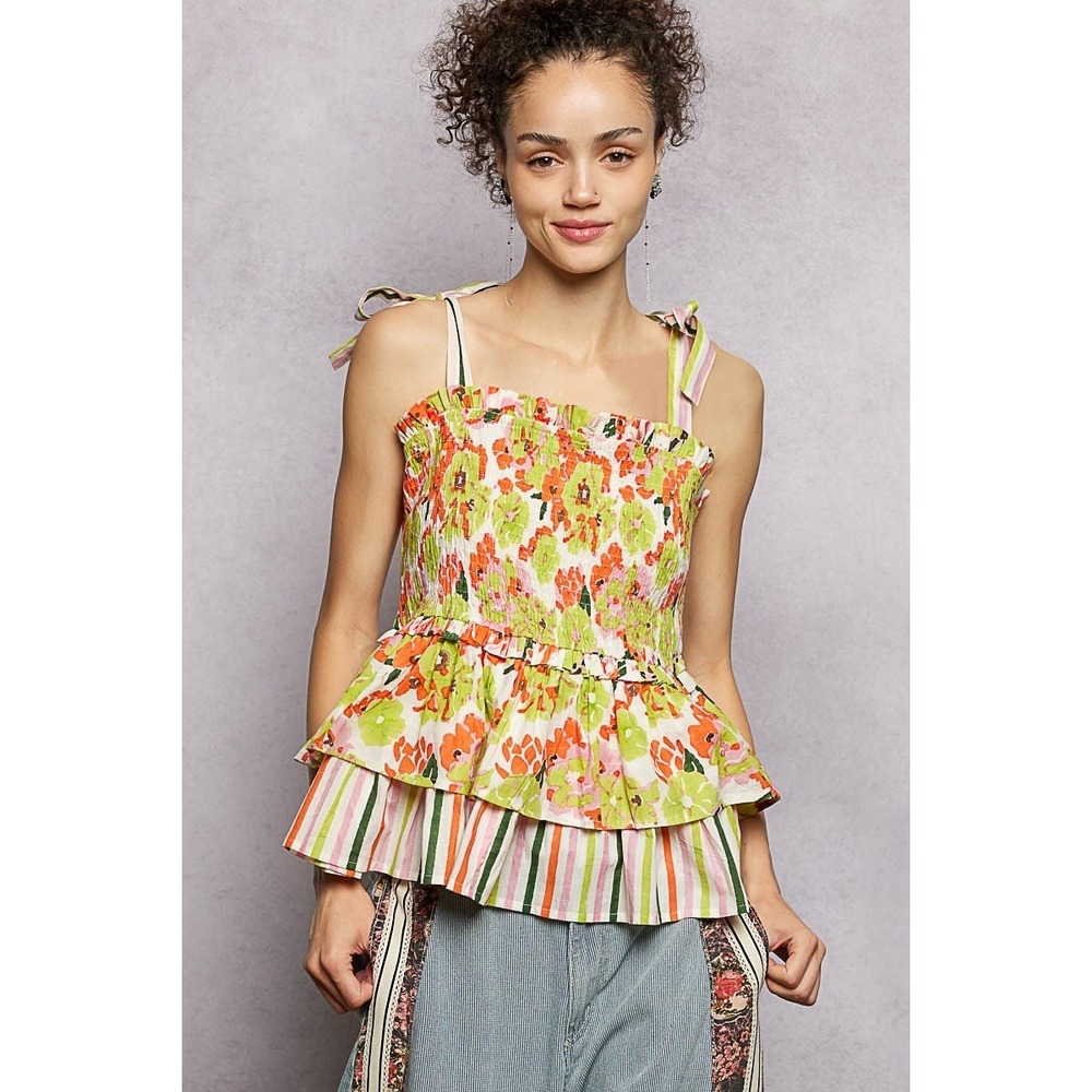 POL Floral Smocked Ruffled Cami with Tie Shoulder Straps - Large